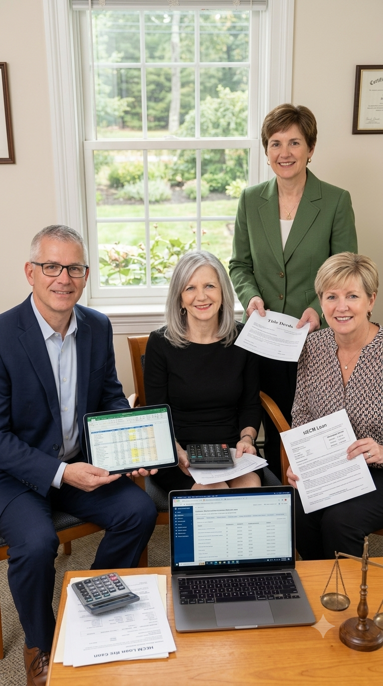 Connecticut senior transition advisory team portrait featuring broker Bridget Morrissey coordinating with a professional tax advisor, reverse mortgage lender, and elder law attorney to protect home equity and guide estate planning.