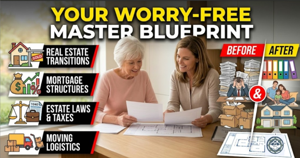 Senior transition master blueprint graphic outlining unified real estate planning. Features a mature family coordinating financial mortgage structures, Connecticut estate laws, tax protections, and physical moving logistics to turn relocation stress into a structured plan.
