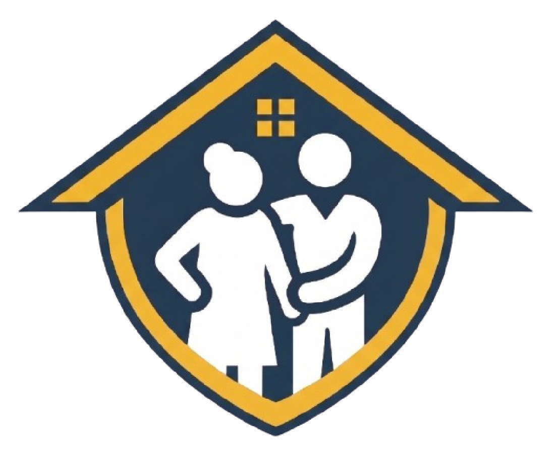 Senior Advisory Resources official logo featuring a compass rose with a red northern point and a gold house roof shielding a senior couple silhouette. Represents expert real estate transitions, senior downsizing, and estate management guidance in Connecticut.