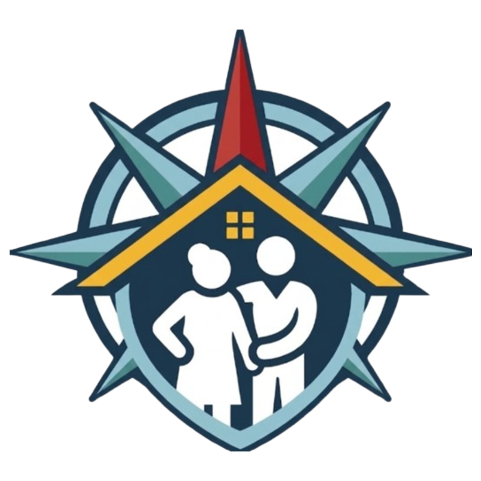 Senior Advisory Resources official logo featuring a compass rose with a red northern point and a gold house roof shielding a senior couple silhouette. Represents expert real estate transitions, senior downsizing, and estate management guidance in Connecticut.