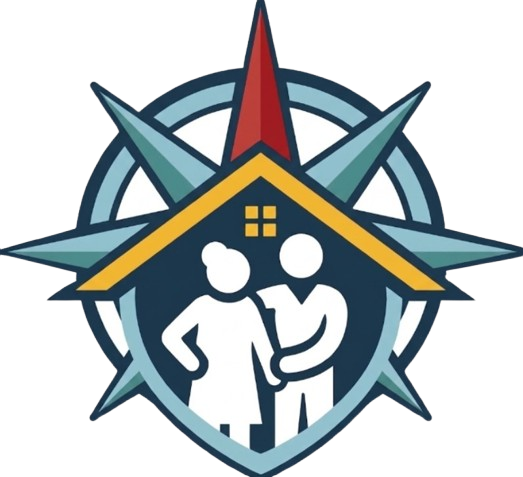 Senior Advisory Resources official logo featuring a compass rose with a red northern point and a gold house roof shielding a senior couple silhouette. Represents expert real estate transitions, senior downsizing, and estate management guidance in Connecticut.